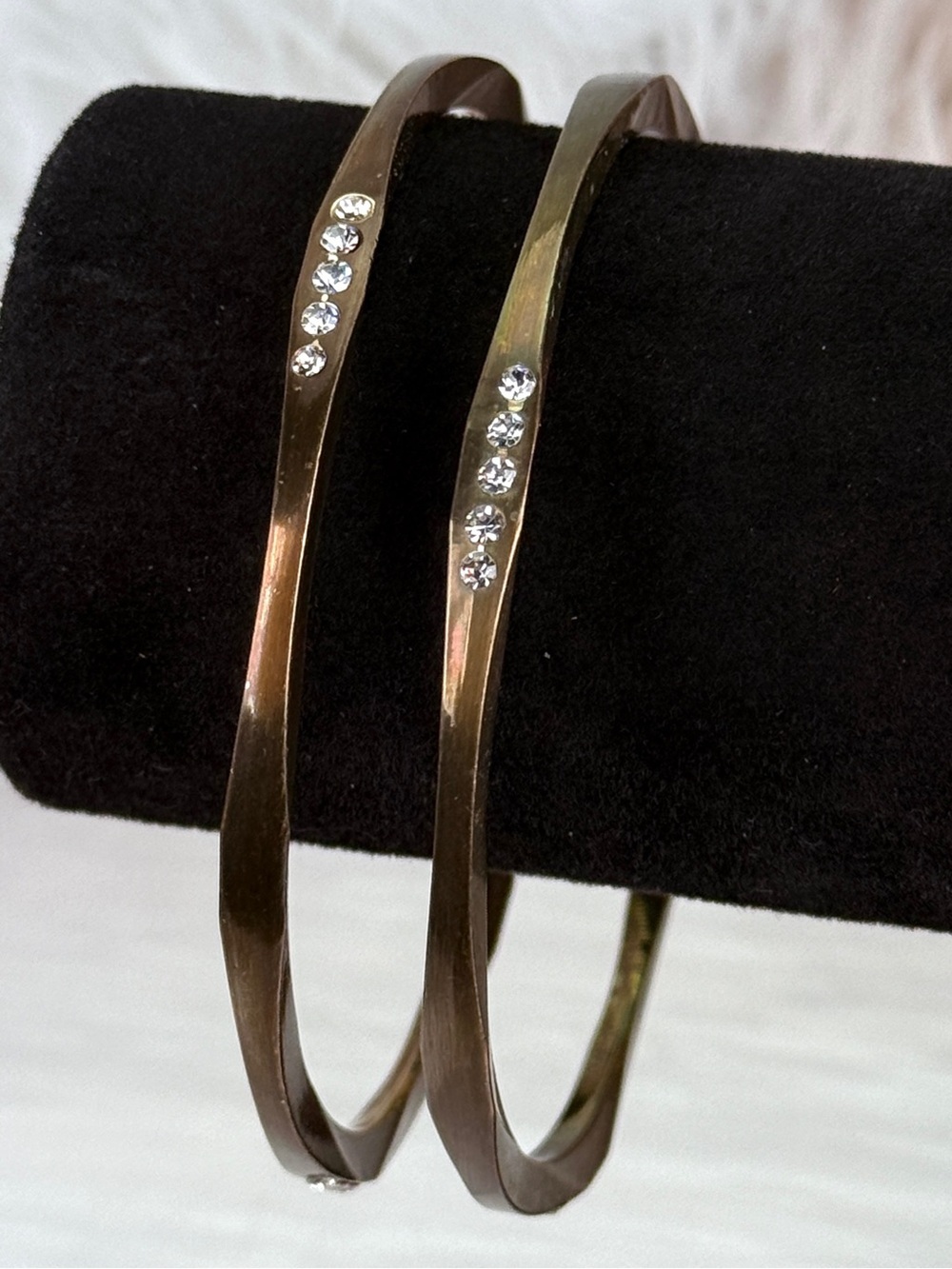 Vintage Brass Tone Rhinestone Stackable Bangle Bracelet Set of 2
